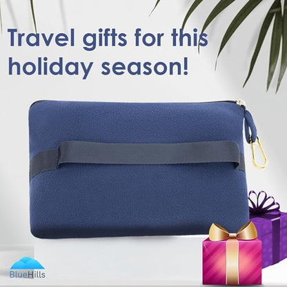 BlueHills Travel Blanket Pillow Compact Lightweight Pocket Size Airplane Traveling Essential Flight Trip Throw in Bag Portable Case Plane Accessory Navy Blue L04