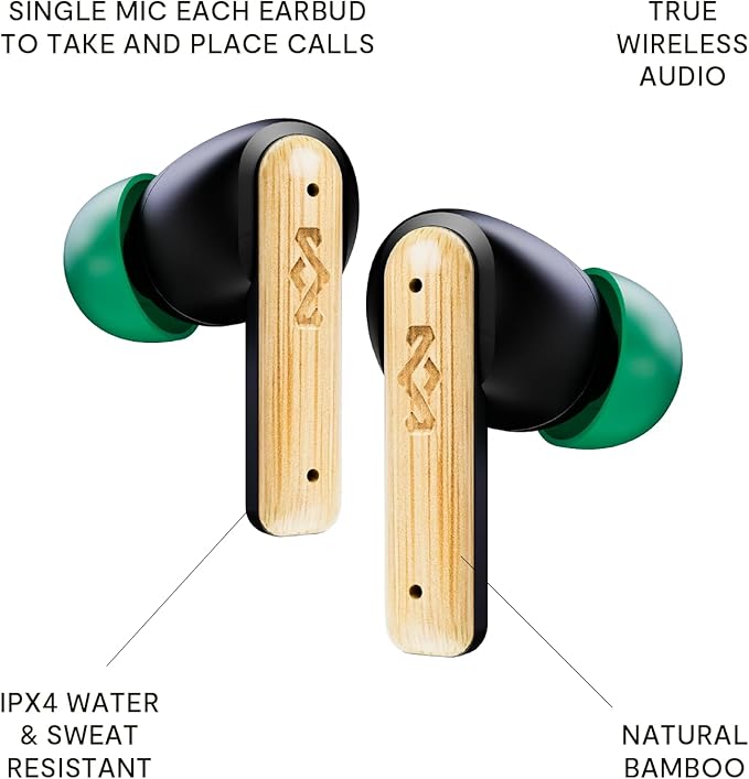 House of Marley Little Bird True Wireless Earbuds, Touch Controls, Built-in Mic, 24 Hours Playtime with Case, USB-C Quick Charge, Sustainable Materials, Movie and Gaming Mode, Black