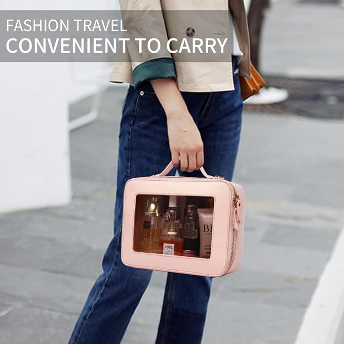 Pinkmik Clear Makeup Bag for Women Waterproof Travel Cosmetics and Toiletries Case Portable Makeup Oaganizer Bag Clear Car Bag with Zipper (Pink, M+L-1)