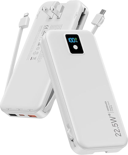 Portable Charger, 12000mAh 22.5W Fast Charging Power Bank with Built-in Cables & Wall Plug, Travel Essentials Battery Pack with LED Display, USB C External Battery Bank for iPhone iPad, Samsung White