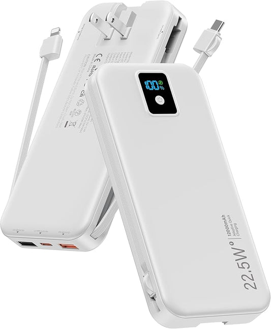 Portable Charger, 12000mAh 22.5W Fast Charging Power Bank with Built-in Cables & Wall Plug, Travel Essentials Battery Pack with LED Display, USB C External Battery Bank for iPhone iPad, Samsung White