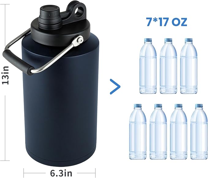 1 Gallon Water Jug Bottle Insulated with Straw, 128oz Stainless Steel Water Bottle Jug Wide Mouth Double Vacuum Dishwasher Safe BPA Free for Hot & Cold Drinks Navy Blue