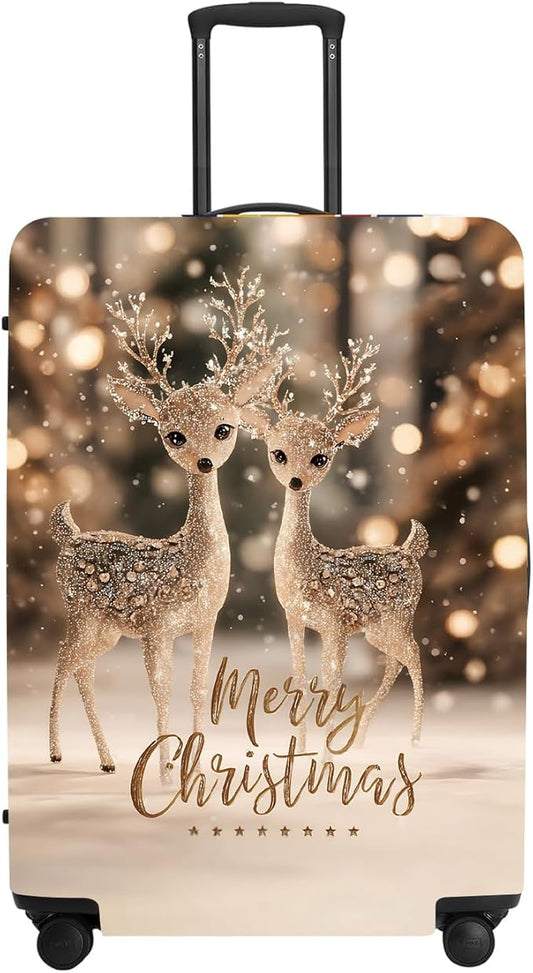 Deer Christmas Luggage Cover - Two Reindeer in Snow with Glowing Tree, Warm Winter Scene Suitcase Protector for 28 30 Inch Bag