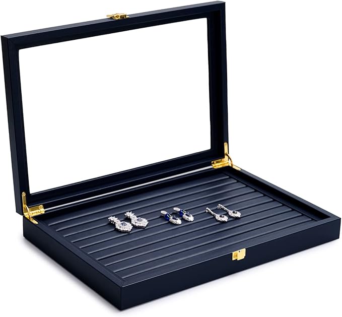 Oirlv Premium Blue Leather Rings Earrings Organizer Tray with Clear Lid Jewelry Display Box with Acrylic Lid Stackable Jewelry Box Drawer Inserts