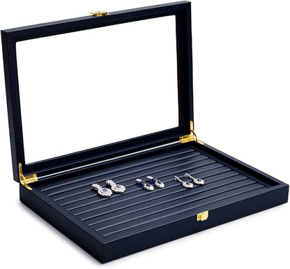 Oirlv Premium Blue Leather Rings Earrings Organizer Tray with Clear Lid Jewelry Display Box with Acrylic Lid Stackable Jewelry Box Drawer Inserts