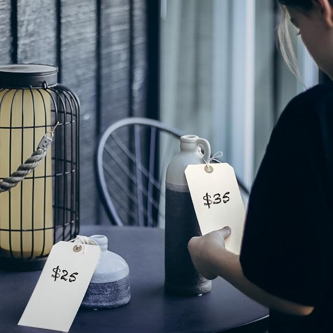 100 Large Manila Paper Tags with String Attached - # 8, 6 1/4" x 3 1/8" - Shipping Tags with String for Labeling, Blank Hang Labels with Ties