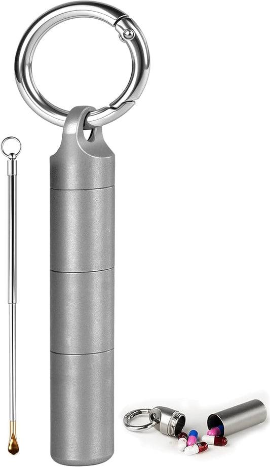 Small Keychain Pill Holder,304 Stainless Steel Portable Pill Case Organizer for Travel,Waterproof Pocket Pill Container Medicine Box for Purse Men (Medium 0.49in with Spoon)