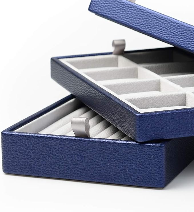 Oirlv Blue Leather Jewelry Box Handmade Travel Jewelry Organizer Storage Case Holder For Girl Lady Earring,Ring,Necklace,Pendant,Watch,Bracelet.(3 layers)