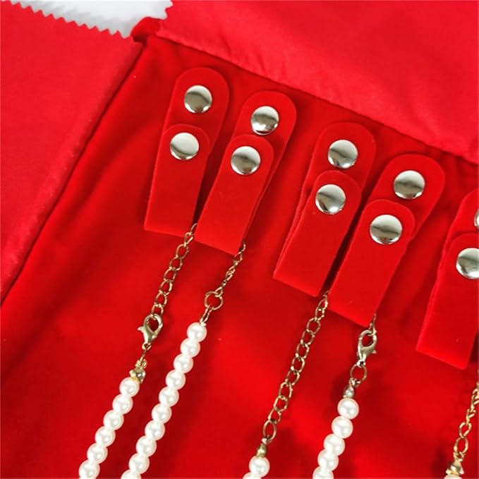 Premium Jewelry Roll Organizer for 16 Necklaces 55cm x 29cm Metal Snap & Velcro Closure - Ideal for Travel and Storage (Red)
