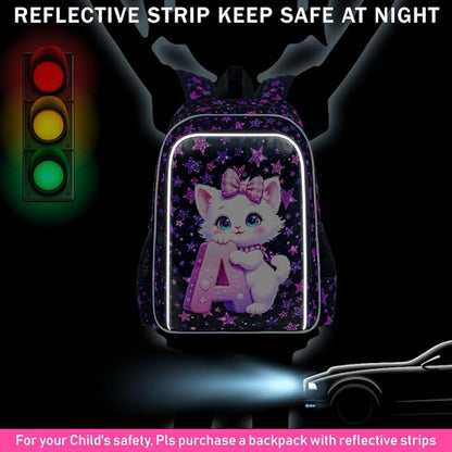 WZLVO 3PCS Girls Cat Backpack Set, 16" Glittery UV Printing Kids Bookbag/School Bag with Lunch Box & Pencil Bag for Preschool to Elementary - Cat Holding Letter A