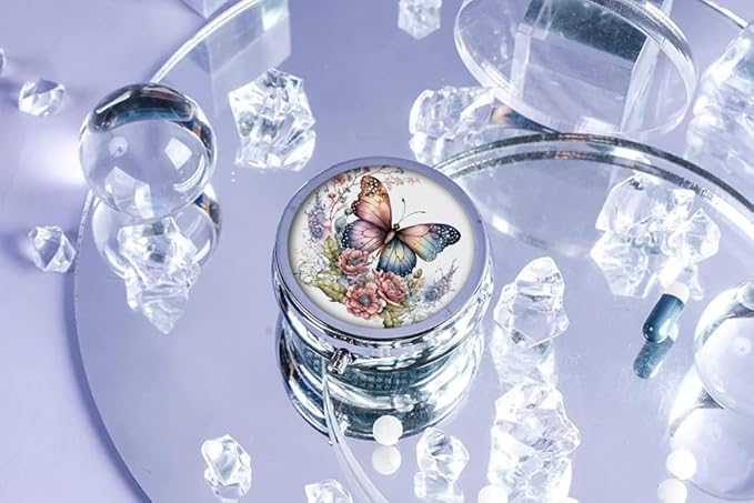 Pill Box,Vintage Butterfly Floral Round Pill Box 3 Compartment Decorative Pocket Purse Portable Mini Travel Medicine Tablet Vitamin Holder Organizer Pill Case