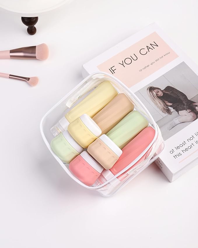 Travel Bottles for Toiletries 8 Pack, Travel Size Toiletries, Tsa Approved Travel Size Containers 3oz, with Travel Essentials Clear Bag, Leak Proof Silicone Squeezable Creams Jars