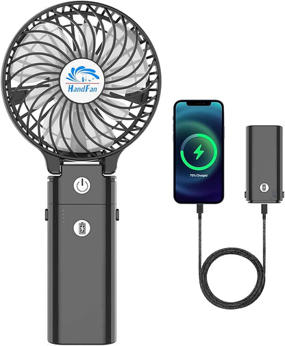 HandFan 5200mAh Portable Handheld Fan, Personal Hand Held Fan USB Rechargeable, 180° Foldable Portable & Detachable Handle Design,3 Speeds Strong Airflow Cooling for Travel/Outdoors/Indoors (Black)