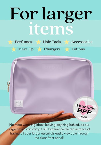 Embla London Makeup Bag Cosmetic Case, Clear Zipper Make Up Pouch and Toiletry Travel Tote, Cute Skincare Pouches for Women Girls, Preppy Purse Cosmetic Organizer, Large Makeup Bags, Lilac