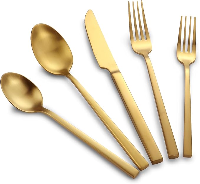 Stainless Steel Flatware Set Hand Forged 18/10 Silverware Set Cutlery Set Gold Cuboid Handle Matte Finished 20 Pieces Service for 4