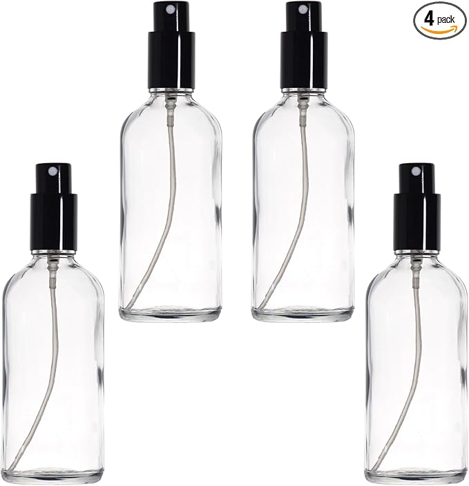 YIZHAO Clear Glass Spray Bottles 4oz, with Small Fine Mist Spray, Metal Cap, Refillable for Essential Oil,Travel,Cleaning,Perfume,Aromatherapy,Makeup – 4 Pcs