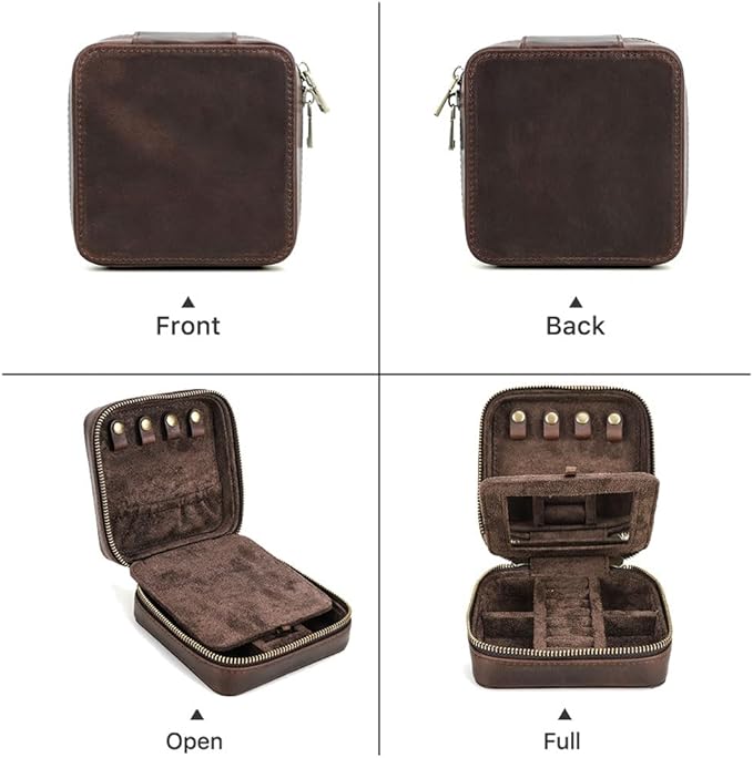 CONTACTS Genuine Leather Jewelry Box Travel Jewelry Storage Organizer for Men Portable Case for Cufflinks Ring Necklace Earrings with Mirror, Square+mirror, Coffee