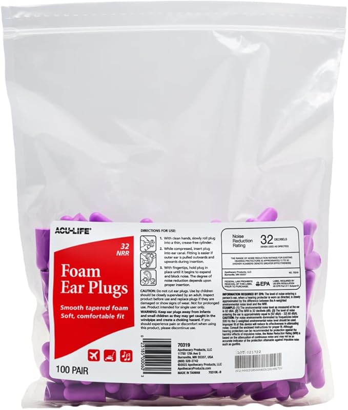 Acu-Life Foam Ear Plugs, 200 Pair for Sleeping, Snoring, Loud Noise, Traveling, Concerts, Construction, & Studying, NRR 32, Purple