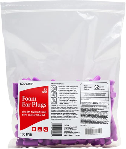 Acu-Life Foam Ear Plugs, 200 Pair for Sleeping, Snoring, Loud Noise, Traveling, Concerts, Construction, & Studying, NRR 32, Purple