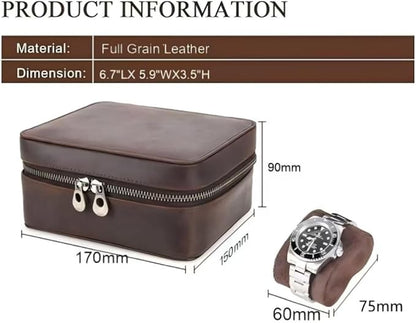 Watch Travel Case for Men, Genuine Leather Watch Case Travel Jewelry Case Vintage Travel Watch Box Handmaded Leather Watch Holder Cufflinks Box for Home Storage,Travel and Display