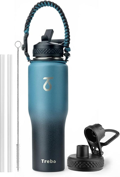 Trebo 32oz Insulated Water Bottle that Fits in Cup Holder, Stainless Steel Double Wall Tumbler Flask Bottles with Paracord Handle, with Straw Spout Lids, Keep Cold for 48 Hrs/Hot 24 Hrs,Indigo/Black