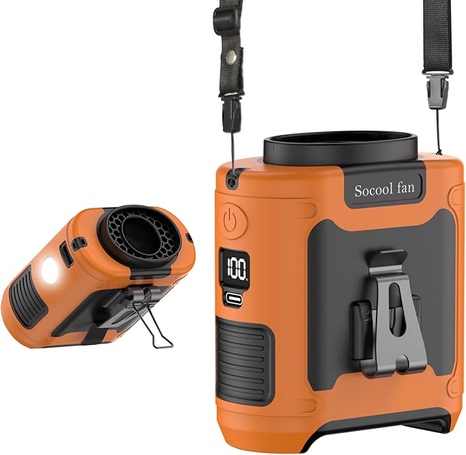 Socool 10000mAh Portable Waist Fan Clip on Wearable Belt Personal Fan Rechargeable Battery operated With 5 Speeds & Flashlight Neck Hands-Free 40H Cooling For Outdoor Camping Travel (Orange)