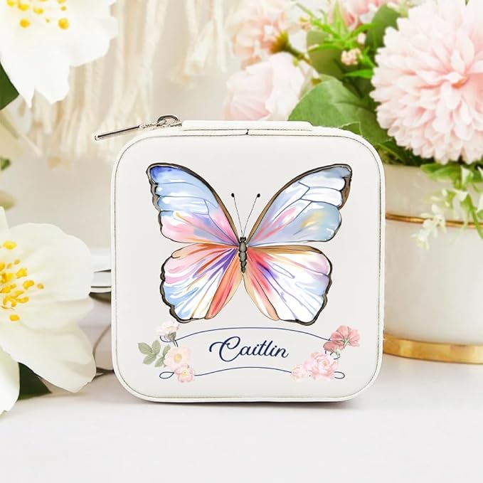 Getname Necklace Custom Name Butterfly Travel Jewelry Case Personalized Travel Jewelry Box with Name Watercolor Butterfly Small Jewelry Box Portable Jewelry Organizer