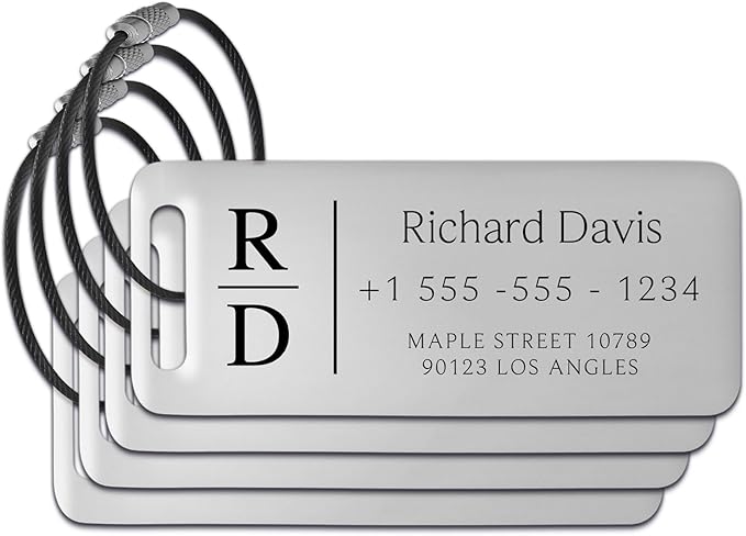 Personalized Luggage Tags for Suitcases 4 Pack - Stainless Steel Custom Luggage Tags for Backpacks & Bags, Sturdy, Waterproof & Heavy Duty (Silver / 3" x 1.25")