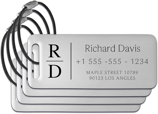 Personalized Luggage Tags for Suitcases 4 Pack - Stainless Steel Custom Luggage Tags for Backpacks & Bags, Sturdy, Waterproof & Heavy Duty (Silver / 3" x 1.25")