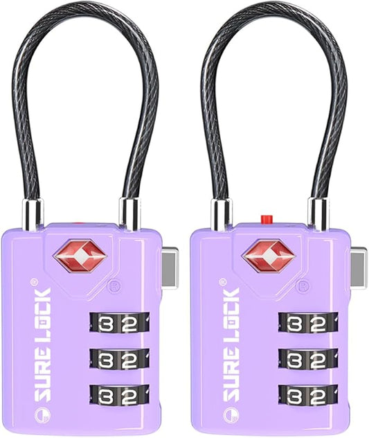 SURE LOCK TSA Approved Combination Luggage Locks with Open Alert Indicator – Durable Zinc Alloy Cable Travel Locks with Large Easy-Read Dials for Suitcases, Backpacks & Gym Bags(2, Purple 2 Pack)