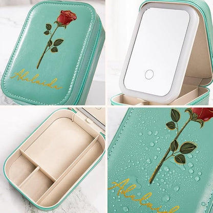 callie Personalized Birth Flower Jewelry Box with Mirror & LED 3 Adjustable Light, Custom Name - Travel Makeup Box Case, Birthday Christmas Gift for Women Girls