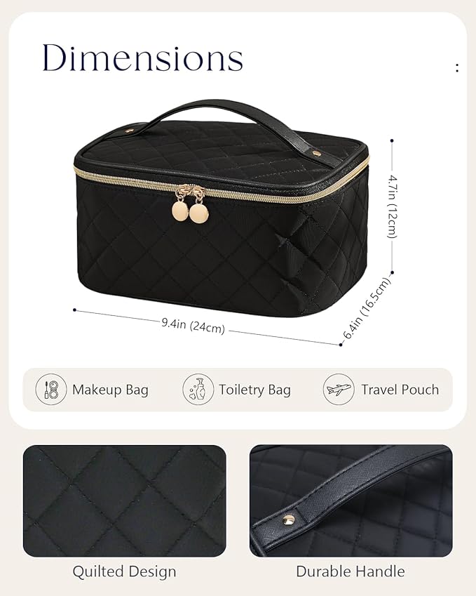 Prite Makeup Bag Portable Cosmetic Organizer with Brush Holder Waterproof Travel Toiletry Bag for Women with Handle and Divider (Black Rhombus)