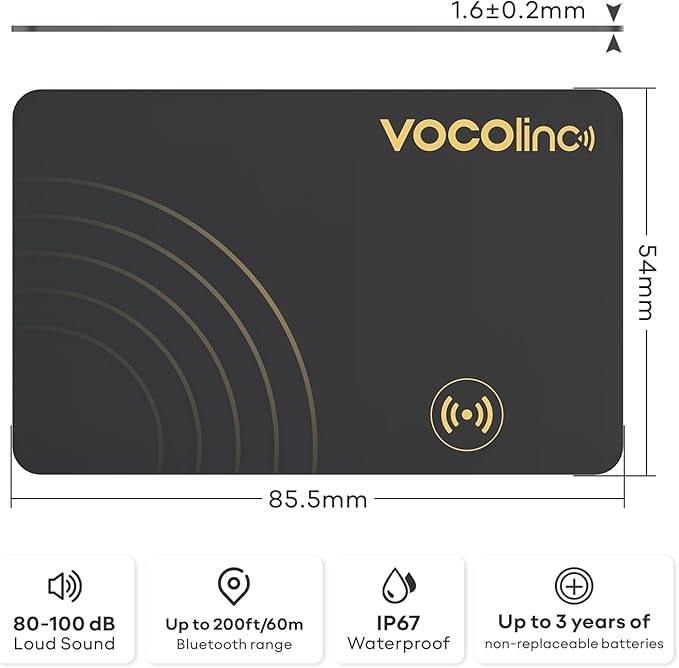 [Apple MFi Certified] VOCOlinc Air Tag Card Wallet Tracker 1.6mm 2 Pack, Smart Item Finder Work with Apple Find My APP (iOS Only, Android not Supported), Locator for Luggage, Suitcase, Bags, Backpack.