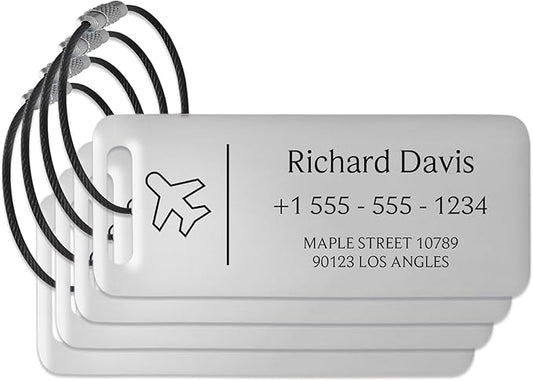 Personalized Luggage Tags for Suitcases 4 Pack - Stainless Steel Custom Luggage Tags for Backpacks & Bags, Sturdy, Waterproof & Heavy Duty (Silver / 3" x 1.25")