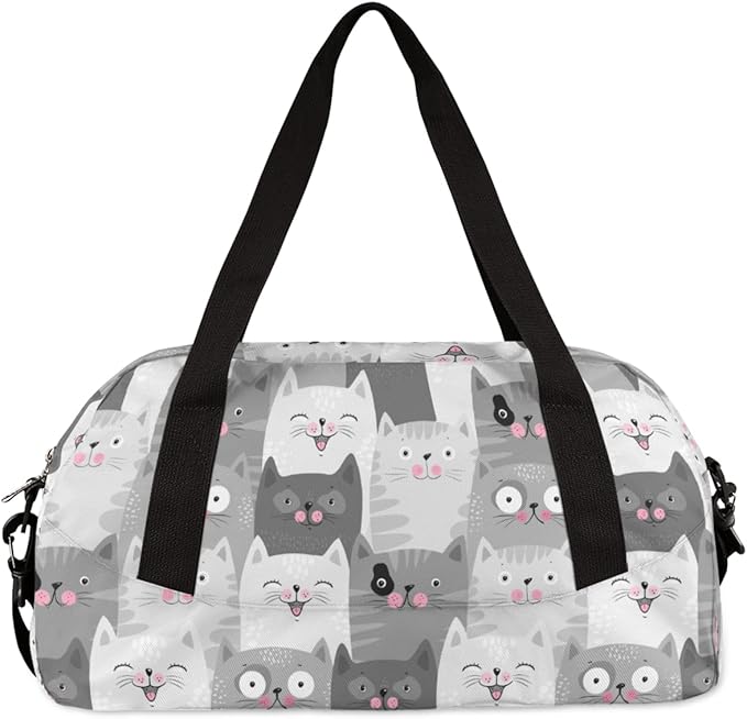 Cute Grey Cats Pattern Gym Duffle Bag for Kids,Sports Bag for Teens Boys & Girls Small Waterproof Overnight Weekender Carry School Practice Travel Bag