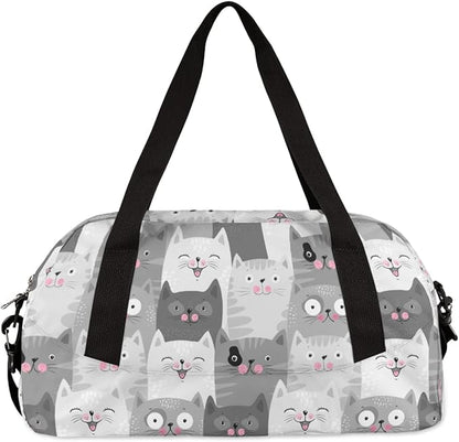 Cute Grey Cats Pattern Gym Duffle Bag for Kids,Sports Bag for Teens Boys & Girls Small Waterproof Overnight Weekender Carry School Practice Travel Bag