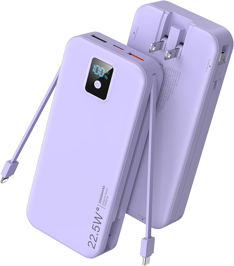 Portable Charger, 20000mAh 22.5W Fast Charging Power Bank with Built-in Cables & Wall Plug, Travel Essentials Battery Pack with LED Display, USB C External Battery Bank for iPhone iPad, Samsung Purple