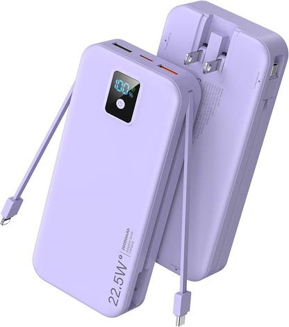 Portable Charger, 20000mAh 22.5W Fast Charging Power Bank with Built-in Cables & Wall Plug, Travel Essentials Battery Pack with LED Display, USB C External Battery Bank for iPhone iPad, Samsung Purple