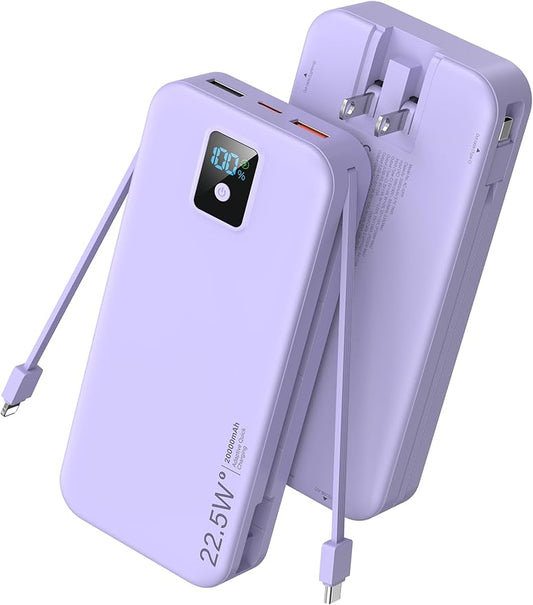Portable Charger, 20000mAh 22.5W Fast Charging Power Bank with Built-in Cables & Wall Plug, Travel Essentials Battery Pack with LED Display, USB C External Battery Bank for iPhone iPad, Samsung Purple