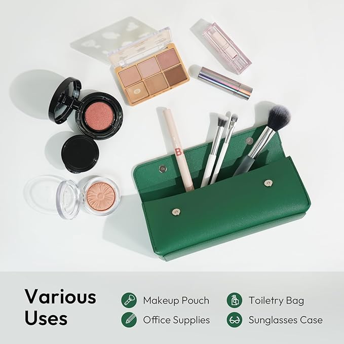 carrotez Stylish PU Leather Makeup Bag: Versatile Travel Toiletry Bag & Cosmetic Pouch, Small Makeup Organizer for Purse Essentials - Ideal Makeup Brush Holder & Sunglasses Case for Women - Green