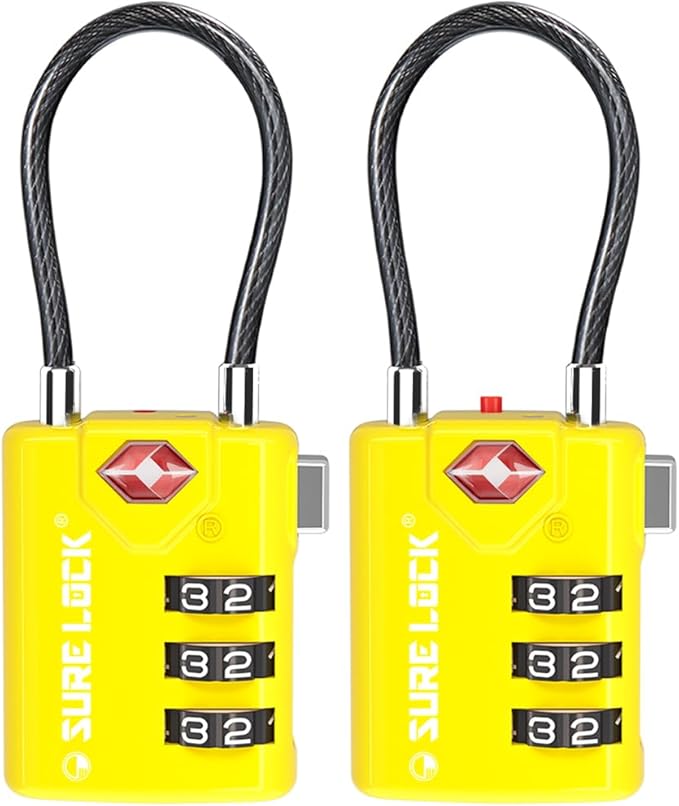 SURE LOCK TSA Approved Combination Luggage Locks with Open Alert Indicator – Durable Zinc Alloy Cable Travel Locks with Large Easy-Read Dials for Suitcases, Backpacks & Gym Bags(2, Yellow)