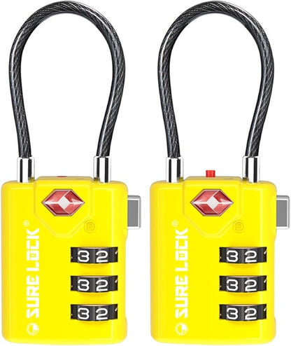 SURE LOCK TSA Approved Combination Luggage Locks with Open Alert Indicator – Durable Zinc Alloy Cable Travel Locks with Large Easy-Read Dials for Suitcases, Backpacks & Gym Bags(2, Yellow)
