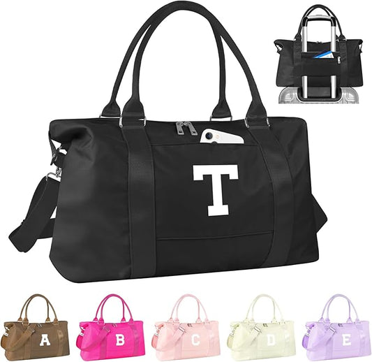 Initial Travel Duffel Bag Sports Gym Bag for Boys Teen Birthday Gifts,Black Personalized Weekender Bag Carry On Tote Bags for Men,Waterproof Overnight Luggage Bag Airplane Travel Essentials(Letter T)