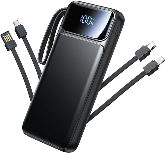 Power Bank, Portable Charger with Built in Cable 22.5W Fast Charging Battery Pack 10000mAh Slim 6 Outputs 3 Inputs LED Display Phone Charger for iPhone Samsung Pixel Moto iPad Travel Essential Gift