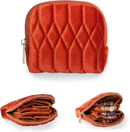 Small Travel Jewelry Case, Mini Travel Jewelry Bag with Zipper, 5-Layer Velvet Organizer Pouch for Bracelet Rings Earrings - Diamond Stitched Velvet Caramel