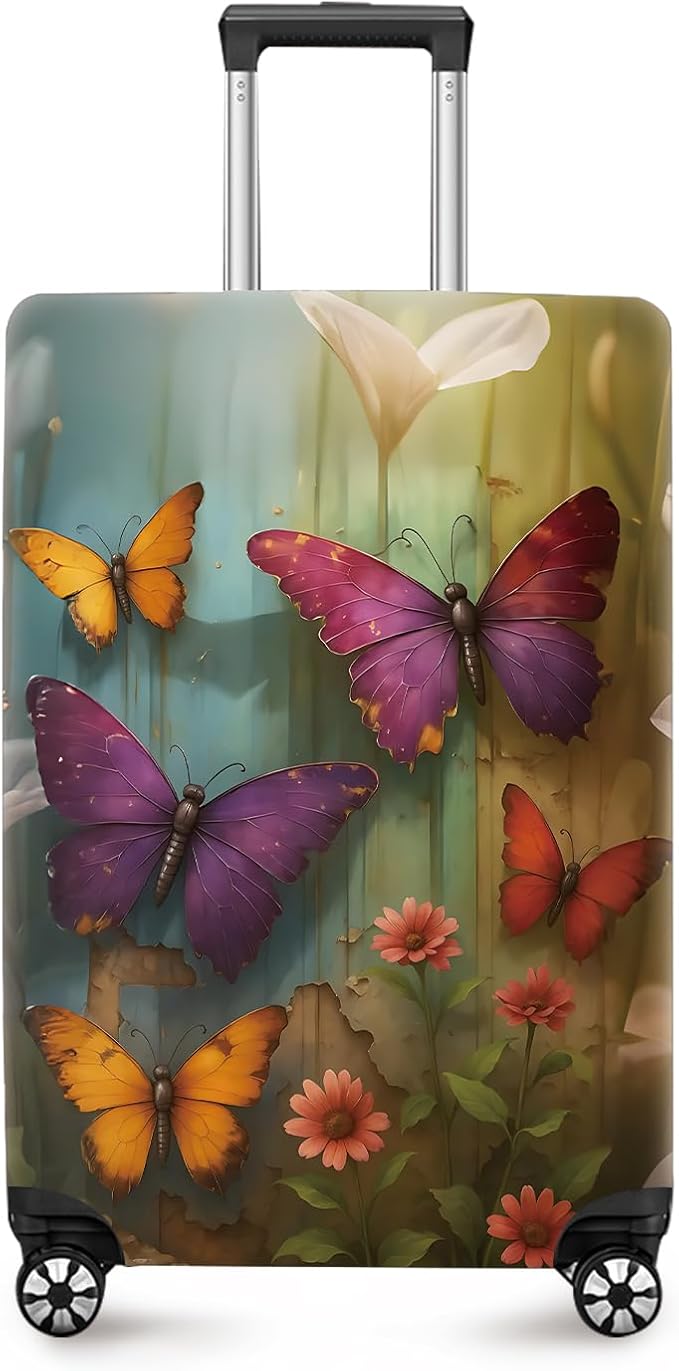 ANNA QUEEN Butterfly Garden Luggage Cover, Colorful Butterfly and Flower Suitcase Protector, Stretchable Washable Travel Sleeve for 24-26 Inch Luggage