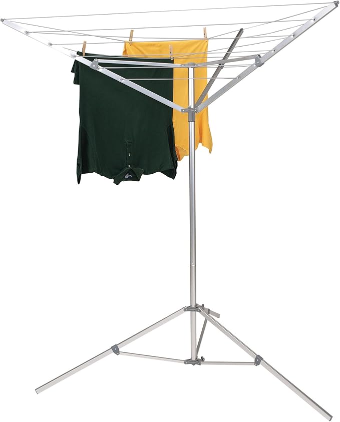 Household Essentials Portable Umbrella Clothesline, 64 Ft of Hanging Space, Pre-Strung with Stable Base, Silver