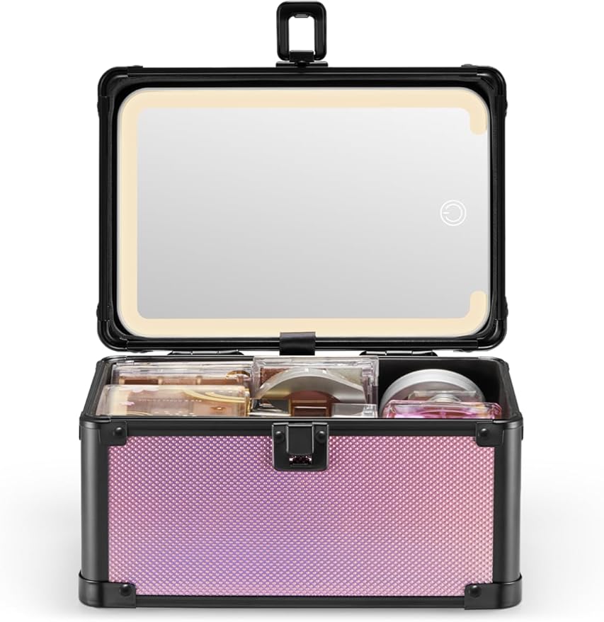 Qislee Makeup Box Mini with A Detachable Lighted Mirror, Waterproof Small Makeup Case,Cosmetic Organizer and Travel Train Case with Magnetic LED Mirror(Black Frame Iridescent Pink)
