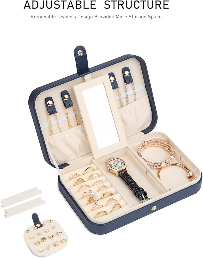 2-Layer Travel Jewelry Box for Women, Portable Jewelry Organizer with Mirror & Removable Dividers, PU Leather Jewelry Case – Gift for Wife, Mom, Girlfriend (Navy Beige)