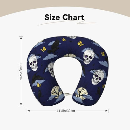 Neck Travel Pillow, Women Men Washable Airplane Car Pillows Halloween Full Moon Raven Goth Skulls, Head Support Rest U Shaped Cushion Comfortable for Watching TV